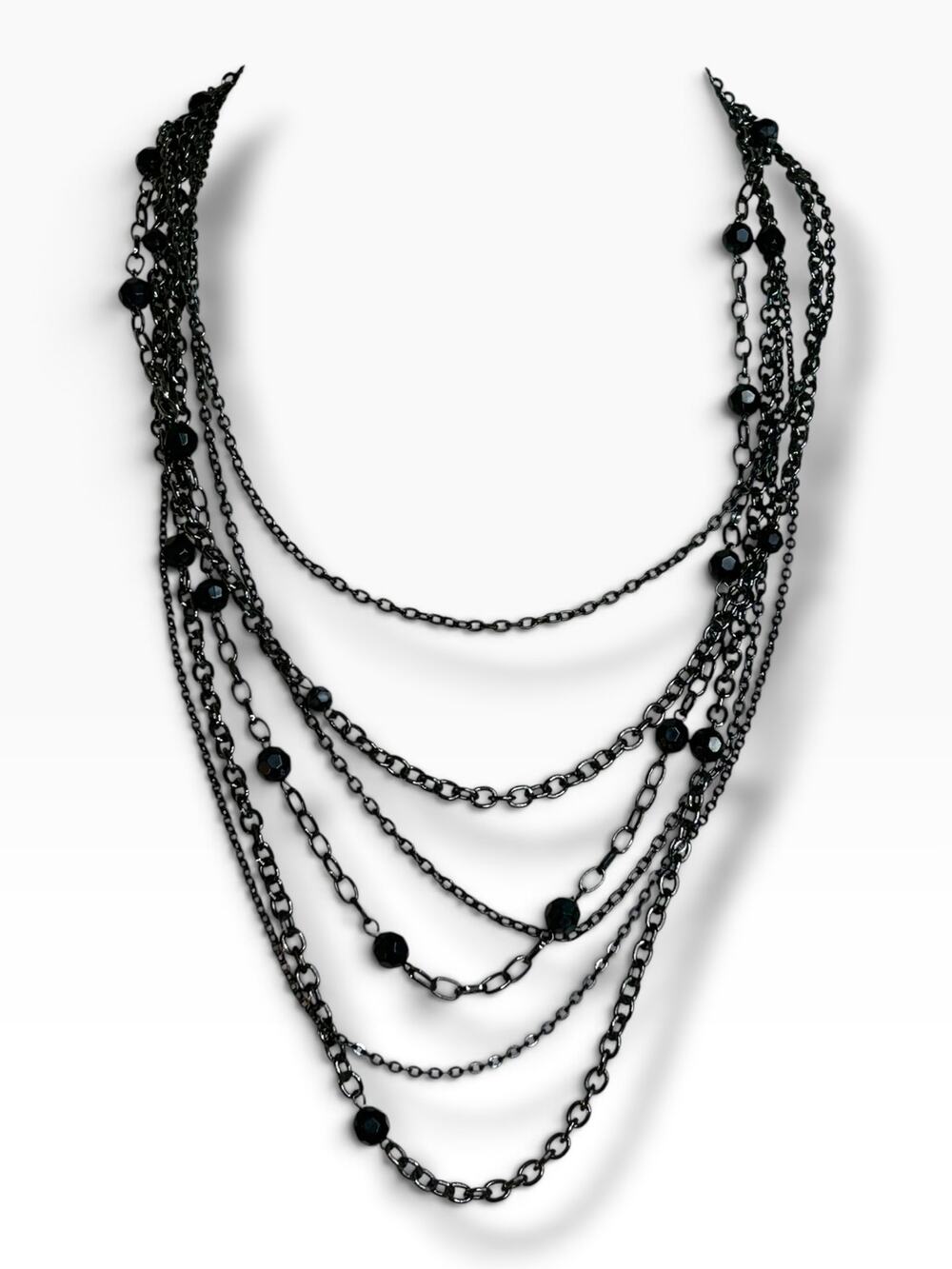 Gothic Multi Layer Black Chain Necklace Beaded Statement Bib Gunmetal Tone